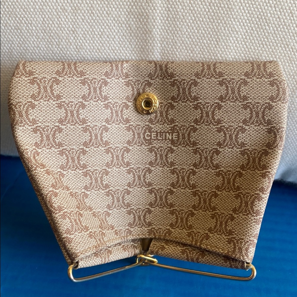 Celine Tan Coin Purse with Gold Hardware and Monogram Pattern
